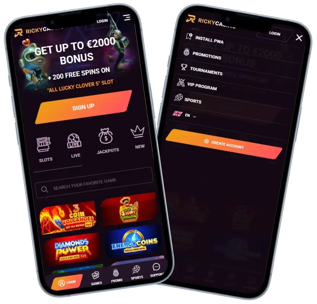 Ricky Casino mobile app lobby screenshot