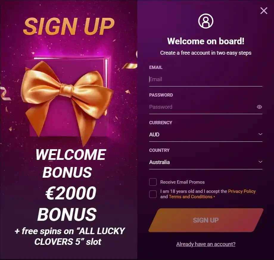 Ricky Casino sign up welcome bonus form